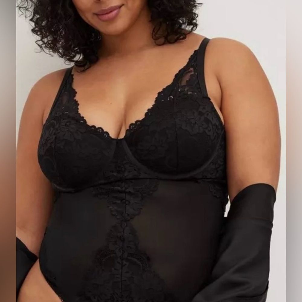 Torrid Black Sexy Lace Mesh Panel One Piece Tummy Control Bodysuit - Picture 2 of 7